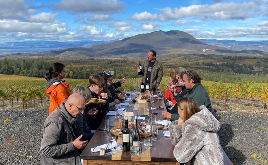 Picnic with wine and mountains in the background